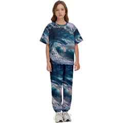 Tsunami Waves Ocean Sea Water Rough Seas Kids  Tee And Pants Sports Set by uniart180623