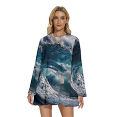 Tsunami Waves Ocean Sea Water Rough Seas Round Neck Long Sleeve Bohemian Style Chiffon Mini Dress