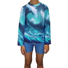 Tsunami Tidal Wave Ocean Waves Sea Nature Water Kids  Long Sleeve Swimwear by uniart180623