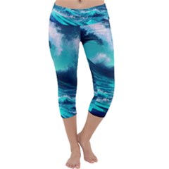 Tsunami Tidal Wave Ocean Waves Sea Nature Water Capri Yoga Leggings by uniart180623