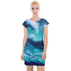 Tsunami Tidal Wave Ocean Waves Sea Nature Water Cap Sleeve Bodycon Dress by uniart180623