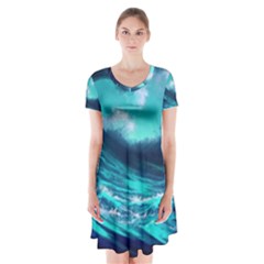 Tsunami Tidal Wave Ocean Waves Sea Nature Water Short Sleeve V-neck Flare Dress by uniart180623