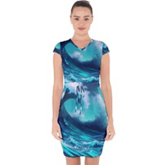 Tsunami Tidal Wave Ocean Waves Sea Nature Water Capsleeve Drawstring Dress  by uniart180623