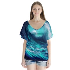 Tsunami Tidal Wave Ocean Waves Sea Nature Water V-neck Flutter Sleeve Top by uniart180623