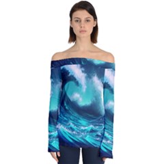 Tsunami Tidal Wave Ocean Waves Sea Nature Water Off Shoulder Long Sleeve Top by uniart180623