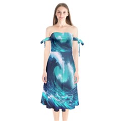 Tsunami Tidal Wave Ocean Waves Sea Nature Water Shoulder Tie Bardot Midi Dress by uniart180623