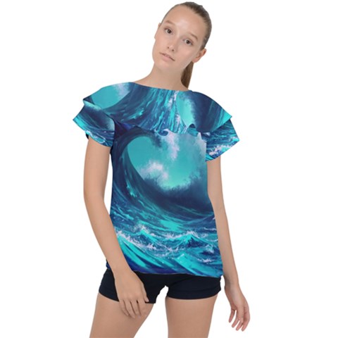 Tsunami Tidal Wave Ocean Waves Sea Nature Water Ruffle Collar Chiffon Blouse by uniart180623