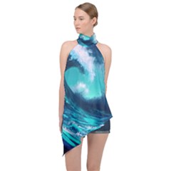 Tsunami Tidal Wave Ocean Waves Sea Nature Water Halter Asymmetric Satin Top by uniart180623