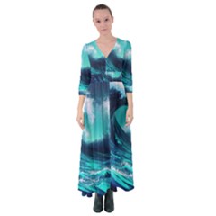 Tsunami Tidal Wave Ocean Waves Sea Nature Water Button Up Maxi Dress by uniart180623