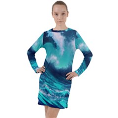 Tsunami Tidal Wave Ocean Waves Sea Nature Water Long Sleeve Hoodie Dress by uniart180623