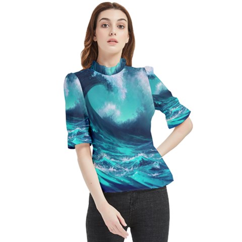 Tsunami Tidal Wave Ocean Waves Sea Nature Water Frill Neck Blouse by uniart180623