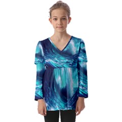 Tsunami Tidal Wave Ocean Waves Sea Nature Water Kids  V Neck Casual Top by uniart180623