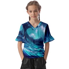 Tsunami Tidal Wave Ocean Waves Sea Nature Water Kids  V-neck Horn Sleeve Blouse by uniart180623