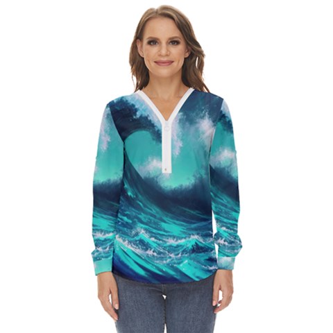 Tsunami Tidal Wave Ocean Waves Sea Nature Water Zip Up Long Sleeve Blouse by uniart180623