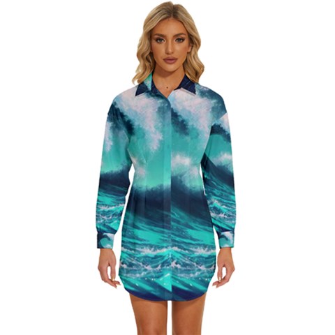 Tsunami Tidal Wave Ocean Waves Sea Nature Water Womens Long Sleeve Shirt Dress by uniart180623