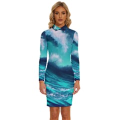 Tsunami Tidal Wave Ocean Waves Sea Nature Water Long Sleeve Shirt Collar Bodycon Dress by uniart180623