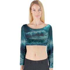 Waves Ocean Sea Tsunami Nautical Blue Sea Art Long Sleeve Crop Top by uniart180623