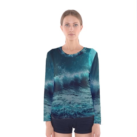 Waves Ocean Sea Tsunami Nautical Blue Sea Art Women s Long Sleeve Tee by uniart180623