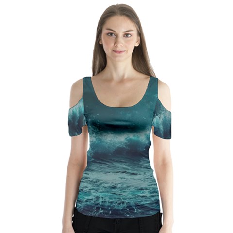 Waves Ocean Sea Tsunami Nautical Blue Sea Art Butterfly Sleeve Cutout Tee  by uniart180623