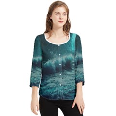 Waves Ocean Sea Tsunami Nautical Blue Sea Art Chiffon Quarter Sleeve Blouse by uniart180623