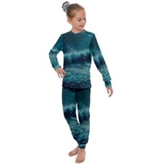 Waves Ocean Sea Tsunami Nautical Blue Sea Art Kids  Long Sleeve Set  by uniart180623