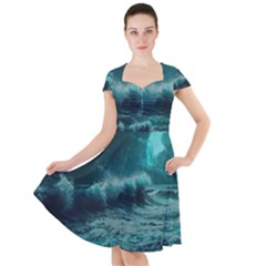 Waves Ocean Sea Tsunami Nautical Blue Sea Art Cap Sleeve Midi Dress by uniart180623