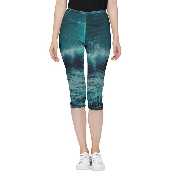 Waves Ocean Sea Tsunami Nautical Blue Sea Art Inside Out Lightweight Velour Capri Leggings 