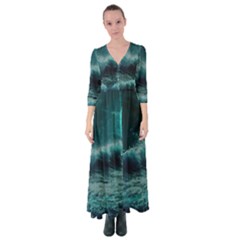 Waves Ocean Sea Tsunami Nautical Blue Sea Art Button Up Maxi Dress by uniart180623