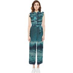 Waves Ocean Sea Tsunami Nautical Blue Sea Art Women s Frill Top Chiffon Jumpsuit by uniart180623