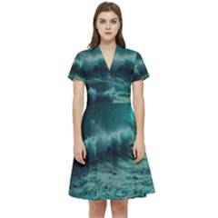 Waves Ocean Sea Tsunami Nautical Blue Sea Art Short Sleeve Waist Detail Dress by uniart180623