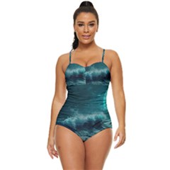 Waves Ocean Sea Tsunami Nautical Blue Sea Art Retro Full Coverage Swimsuit by uniart180623