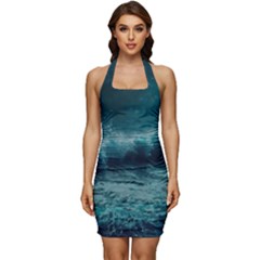 Waves Ocean Sea Tsunami Nautical Blue Sea Art Sleeveless Wide Square Neckline Ruched Bodycon Dress by uniart180623