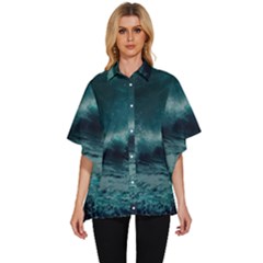 Waves Ocean Sea Tsunami Nautical Blue Sea Art Women s Batwing Button Up Shirt