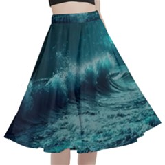 Waves Ocean Sea Tsunami Nautical Blue Sea Art A-line Full Circle Midi Skirt With Pocket by uniart180623