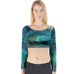 Tsunami Waves Ocean Sea Water Rough Seas Long Sleeve Crop Top by uniart180623