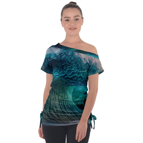 Tsunami Waves Ocean Sea Water Rough Seas Off Shoulder Tie-up Tee by uniart180623