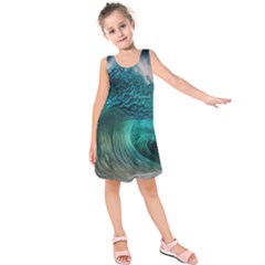 Tsunami Waves Ocean Sea Water Rough Seas Kids  Sleeveless Dress by uniart180623