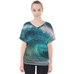 Tsunami Waves Ocean Sea Water Rough Seas V-neck Dolman Drape Top by uniart180623