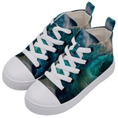 Tsunami Waves Ocean Sea Water Rough Seas Kids  Mid-top Canvas Sneakers by uniart180623