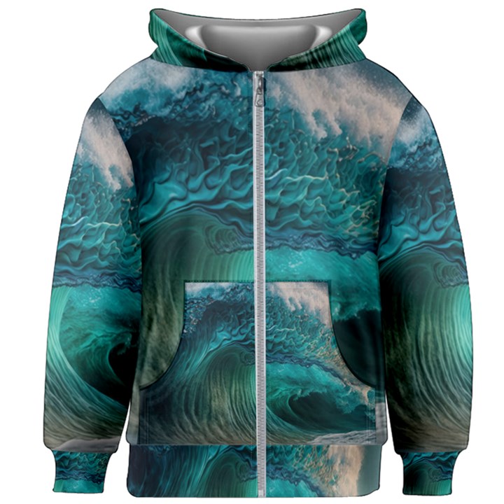 Tsunami Waves Ocean Sea Water Rough Seas Kids  Zipper Hoodie Without Drawstring