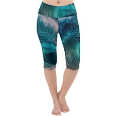 Tsunami Waves Ocean Sea Water Rough Seas Lightweight Velour Cropped Yoga Leggings by uniart180623