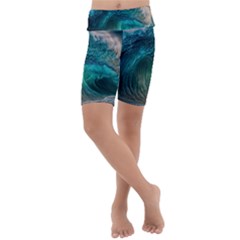 Tsunami Waves Ocean Sea Water Rough Seas Kids  Lightweight Velour Cropped Yoga Leggings by uniart180623