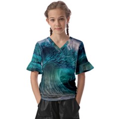 Tsunami Waves Ocean Sea Water Rough Seas Kids  V-neck Horn Sleeve Blouse by uniart180623