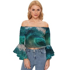 Tsunami Waves Ocean Sea Water Rough Seas Off Shoulder Flutter Bell Sleeve Top by uniart180623