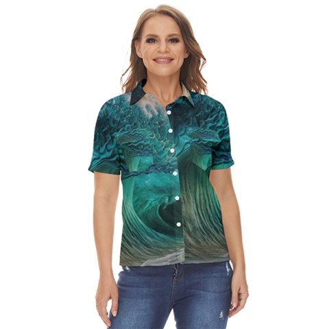 Tsunami Waves Ocean Sea Water Rough Seas Women s Short Sleeve Double Pocket Shirt by uniart180623