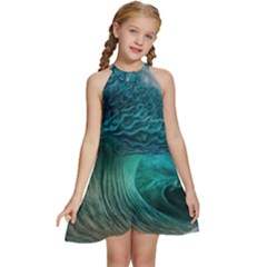 Tsunami Waves Ocean Sea Water Rough Seas Kids  Halter Collar Waist Tie Chiffon Dress by uniart180623