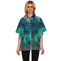 Tsunami Waves Ocean Sea Water Rough Seas Women s Batwing Button Up Shirt