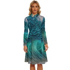 Tsunami Waves Ocean Sea Water Rough Seas Long Sleeve Shirt Collar A-line Dress by uniart180623