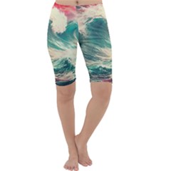 Storm Tsunami Waves Ocean Sea Nautical Nature Painting Cropped Leggings  by uniart180623