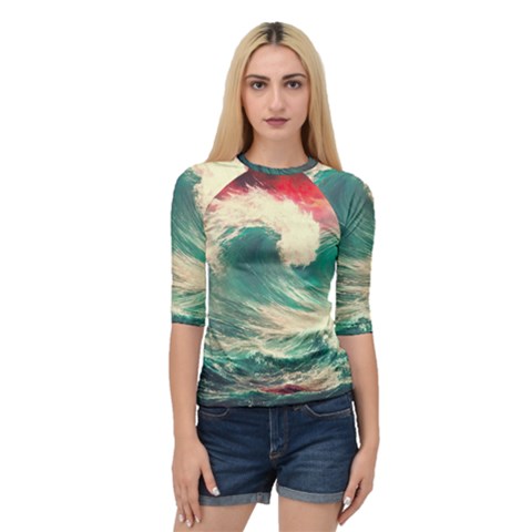 Storm Tsunami Waves Ocean Sea Nautical Nature Painting Quarter Sleeve Raglan Tee by uniart180623